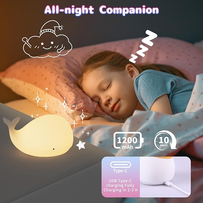Silicone Night Light for Kids – Rechargeable Tap Control Lamp with 8 Colors, Cute Animal Design for Nursery, Toddler Room Decor, Gifts for Girls and Boys (Whale)
