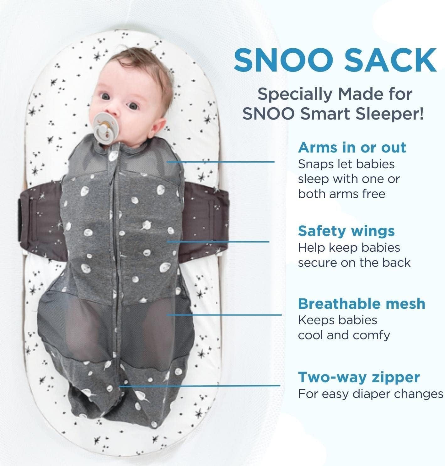 Happiest Baby SNOO Sleep Sack - 100% Organic Cotton Baby Swaddle Blanket - Doctor Designed Promotes Healthy Hip Development (Graphite Stars, X-Large)