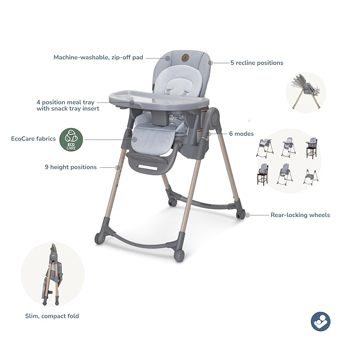 Maxi-Cosi Minla 6-in-1 High Chair for Babies & Toddlers, Portable Foldable Highchair, EcoCare Fabric, 9 Heights, 5 Reclines, 4 Tray Positions, Classic Slate