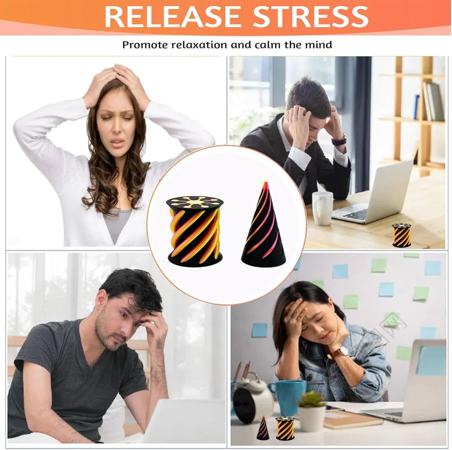 Impossible Pyramid Passthrough Sculpture - 2Pcs 3D Printed Spiral Cone Fidget Toy, Stress and Anxiety Relief Toy, Pass Through Pyramid Fidget Toy for Adult Children (Colorful-Orange)