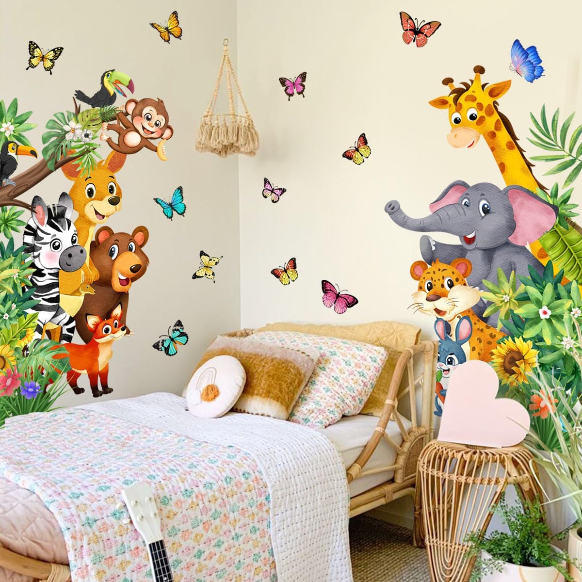 Jungle Animal Wall Decals, Cartoon Animal Sticker Safari Elephant Lion Monkey Wall Decals for Baby Room Playroom Bedroom Classroom Kindergarten Decor