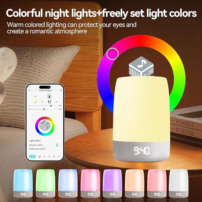 Nursery Night Light for Kids,Baby Sleep Music rain Sound Machine,Rechargeable Nursery Wireless lamp for Breastfeeding,White Noise Soother,Wake Alarm Clock,APP Remote Control,Boys and Girls Room