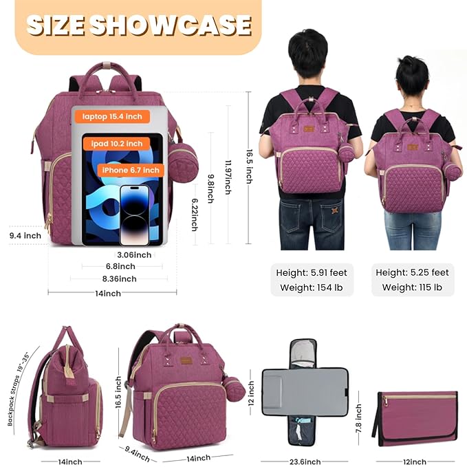 Diaper Bag Backpack with Changing Pad, Pacifier Case, Baby Bag for Boy Girl Toddler - Large, Stylish, Waterproof Travel Quilted Diaper Bag for Mom - Baby Shower - Purple