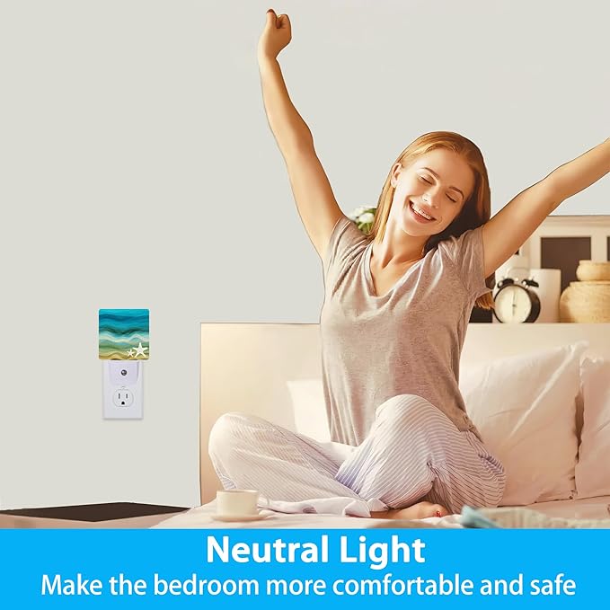 Night Lights Plug into Wall Modern Waves Starfish Sandy Beach Night Lights Dusk to Dawn Sensor Led Lamp for Women Men,Led Lights for Stairway/Hallway/Bedroom,0.5W