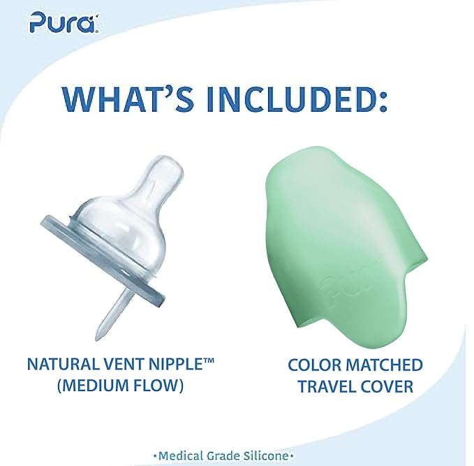 Pura Kiki 9oz/275ml Stainless Steel Infant Bottle w/Sleeve, Anti-Colic, Medical-Grade Silicone, Medium-Flow Nipple, for Babies 3 Months & Up (Moss)