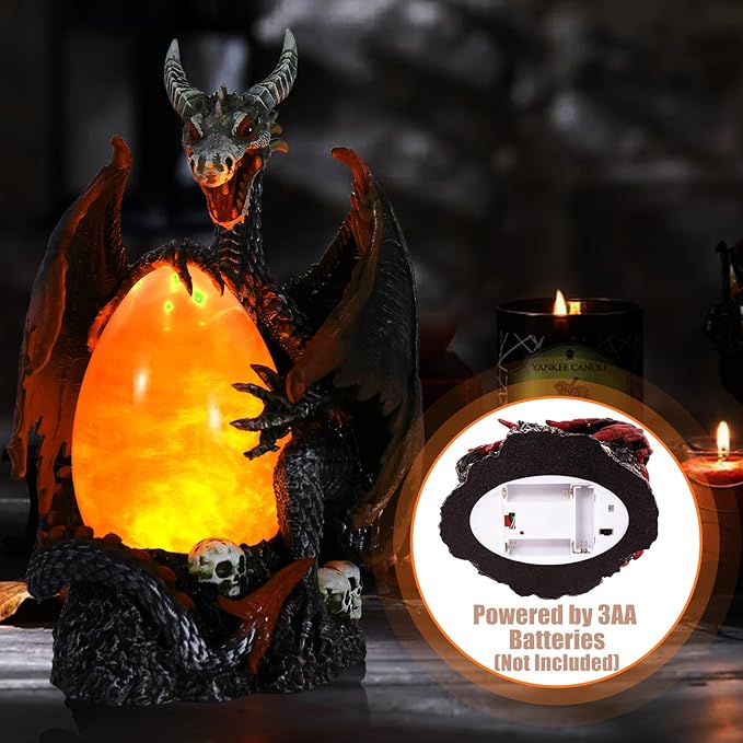 Evil Dragon Snow Globe Statue, Illuminated Water Filled Egg, Rotating Mist Effect, Skull-Embedded Base, Fire Dragon Egg Glow with 6H Timer, Battery Operated, Unique Halloween Snow Globe Holiday Decor