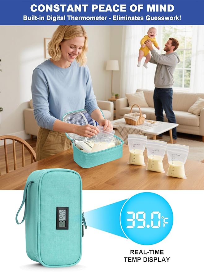 YOUSHARES Breastmilk Cooler Travel Bag with Digital Thermometer, Small Insulated Baby Milk Storage with 2 Ice Packs, Daycare and On-The-Go Moms （Light Green）