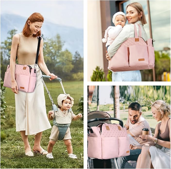 Lekebaby Diaper Bag Tote, Large Diaper Bags Waterproof,Large Mommy Bag Tote Bag Handbag Pink Travel, Black and Beige