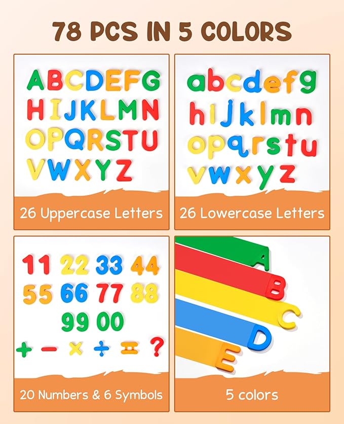 JoyCat 78 Pieces Magnetic Letters Numbers Alphabet Fridge Magnets ABC 123 Preschool Educational Learning Plastic Colorful Toy Set Uppercase Lowercase Math Symbols for Toddlers Kids