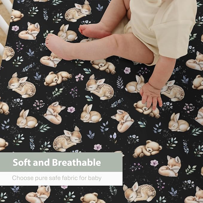 Sleeping Spring Animals Baby Crib Sheets Boy Girl 28"x52" Bear Deer Bunny Floral Leaves Soft Snug Fitted Crib Mattress Cover Cute Animals Baby Sheet for Standard Crib & Toddler Mattress