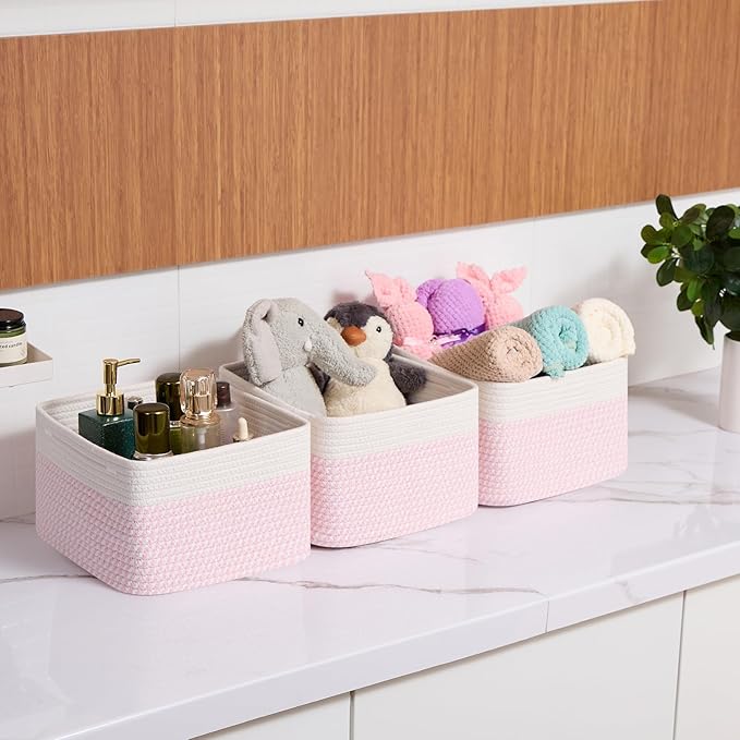 Small Organizing Baskets for Cubes Shelf, 9.7x9.7x7.1 Inch Rope Woven Storage Bins for Nursery Shelves Storage, Cute Toy Basket, Square 3 Packs Off White Pink