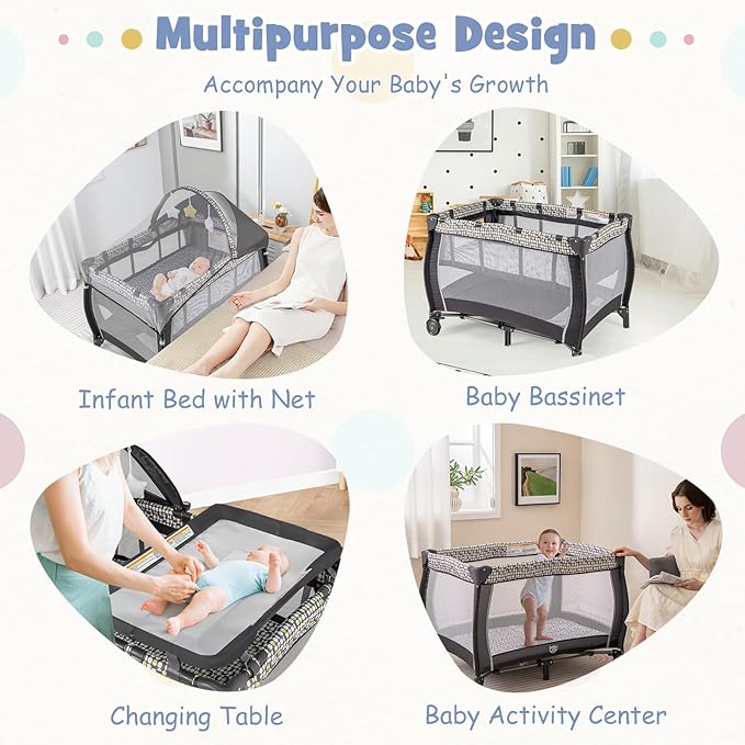 HONEY JOY Pack and Play, 4-in-1 Foldable Nursery Center with Full-Size Infant Bassinet & Diaper Changer, Portable Toddler Crib w/Mattress & Net, Music Box, Toys, Baby Playard w/Carry Bag, Gray