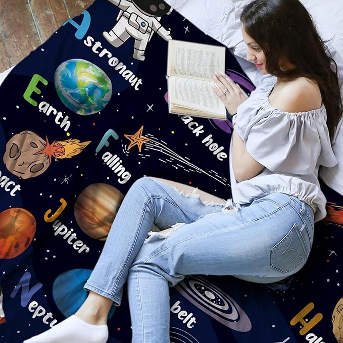 Space Alphabet Blanket, Space Themed Bedroom Decor, 50" X 60" Galaxy Blanket, Gifts for Kids, Planet Astronaut Gift for Boys Kids Birthday Christmas