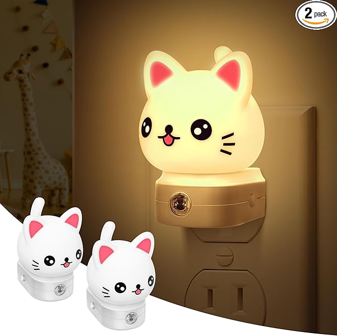 DORESshop Cat Night Lights Plug Into Wall [2 Pack], Cute Night Light for Kids, 8-Color RGB LED Night Light, Nightlight with Dusk to Dawn Sensor for Kids Room, Bathroom, Bedroom Décor, Children Gift