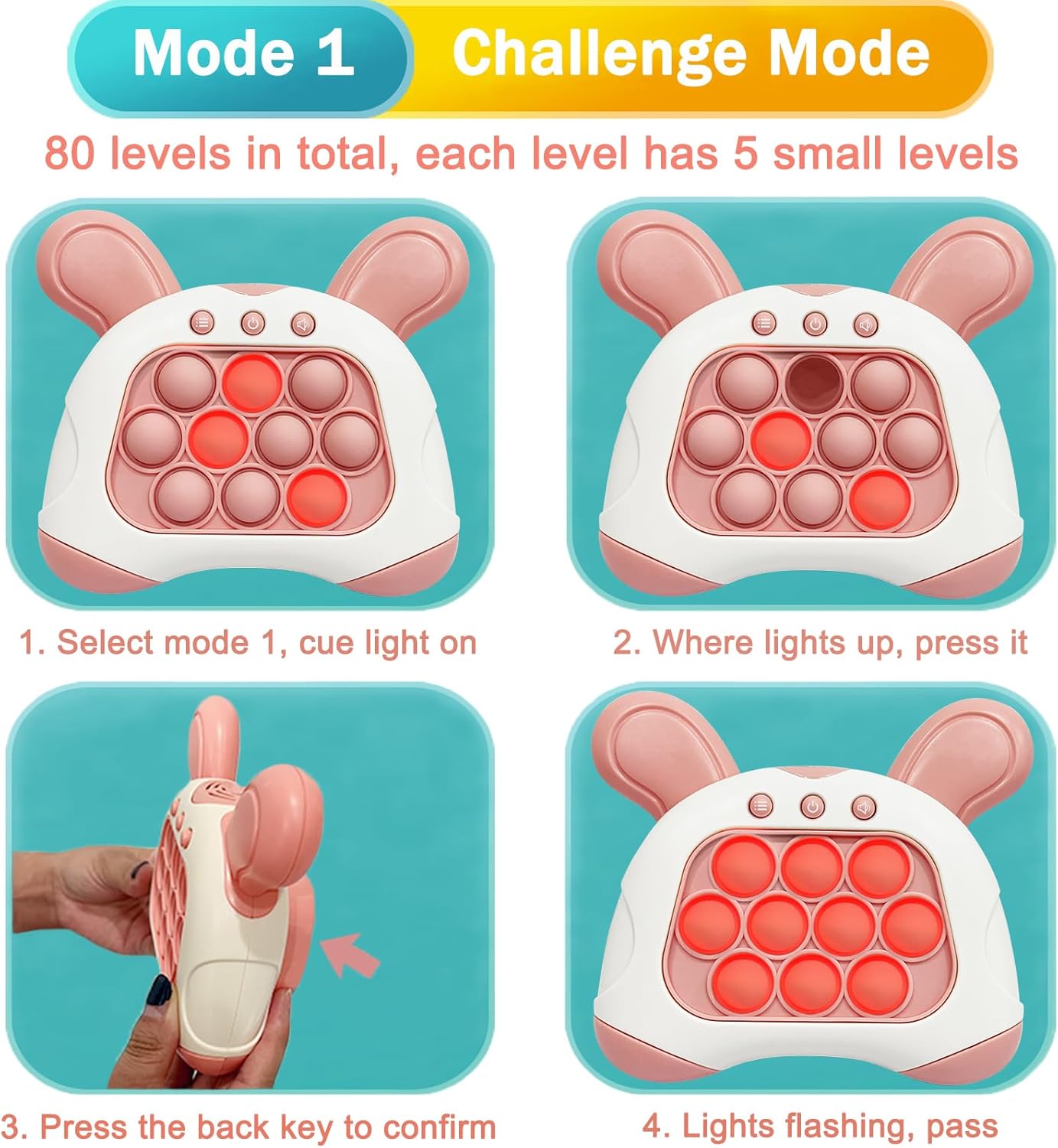 Pop Quick Push Game Console Fidget Toys Light Up Handheld Puzzle Press Popping Toy for Kids Adult Pink Rabbit