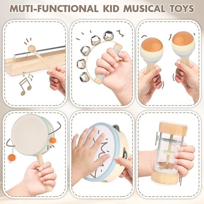 Wooden Musical Toys for Toddlers 1-3 - One 1st Birthday Easter Gifts for Boy & Girl 1-2, Montessori Toys for 2 3 Year Old, Musical Instruments with Drum for Baby Preschool Educational 18+ Months