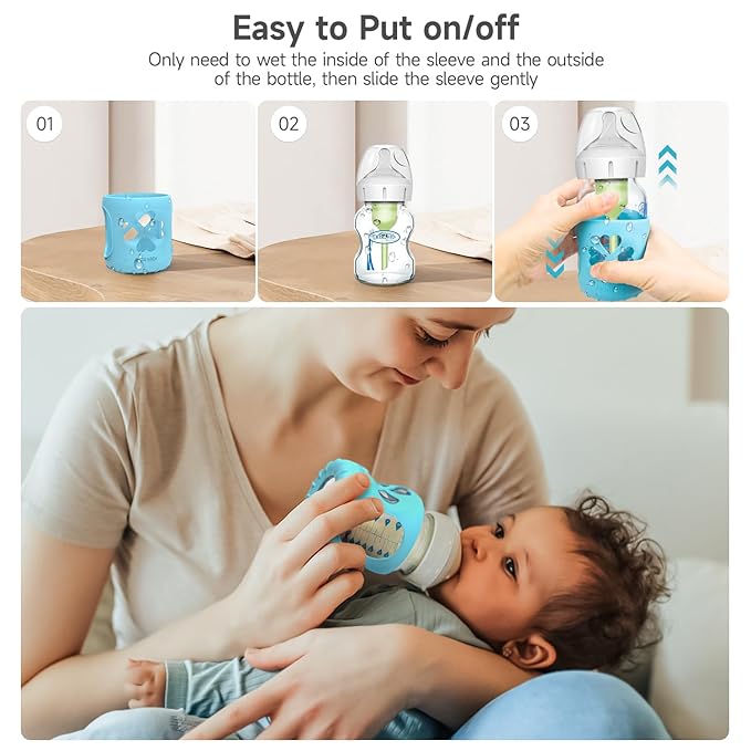 MORLIKE 4 Pack Silicone Sleeves Only Fit 5 oz/150 mL Dr. Brown's Wide Neck Glass Baby Bottle, 100% Silicone Covers Protect Baby Glass Bottle, Easy to Grip Bottle Holders for ‎WB53700-WEB ‎WB51700-P4