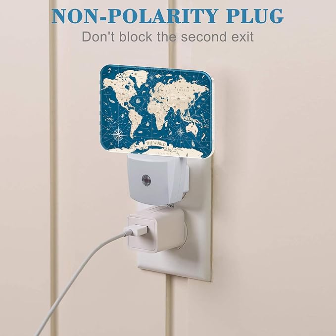 Vintage Blue World Map Night Light for Kids, World Map LED Night Light Plug into Wall with Dusk to Dawn Sensor for Girls Boys Women Men Bedroom, Hallway, Kitchen, Bathroom, Stairs Decor