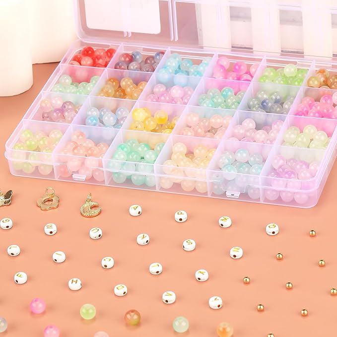 760PCS 8mm Glass Beads for Jewelry Making 24 Color Crystal Beads Bracelet Making Kit Gradient Round Bead for DIY Earrings Necklaces Rings with Letter Bead for Bracelets&Charms Accessories