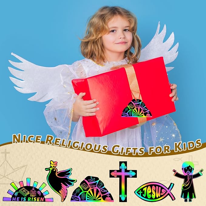 JULMELON 36 PCS Religious Easter Crafts, Rainbow Scratch Art for Religious Gifts Magic Color Resurrection Cross Scratch Cards Christian Sunday School Bible Crafts Classroom Party Favors