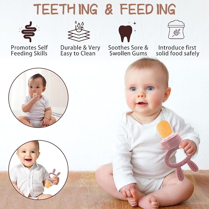 WAJIAYON Baby Breastmilk Popsicle Molds & Baby Fruit Feeder (4 Pack), Infant Food Freezer Tray Storage Containers, Silicone Teething Pacifier Feeder and Teether for Babies（Pink&Purple）