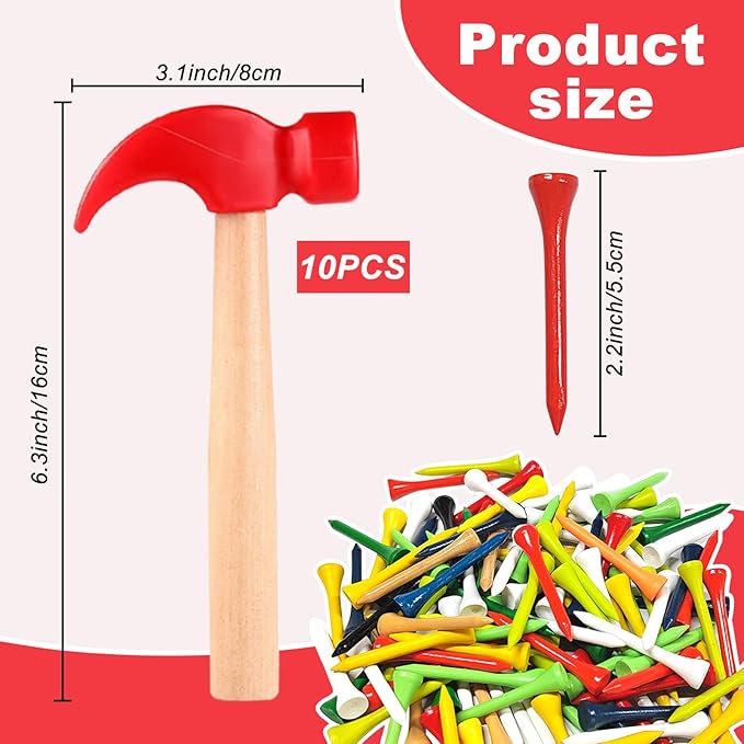 10 Pcs Kids Wooden Hammer Toy with 100 Pcs Colorful Wood Golf Tees, Small Plastic Hammer Simulation Hammers Educational Toys for Children Gift Birthday Party Halloween (Red)