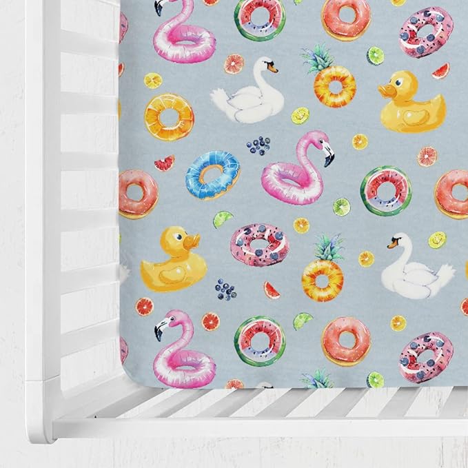 Summer Pool Floats Baby Crib Sheet 52''x28'' Tropical Flamingo Duck Watermelon Pineapple Stretchy Fitted Crib Mattress Cover for Boy Girl Soft Baby Bed Sheet for Standard Crib and Toddler Mattress