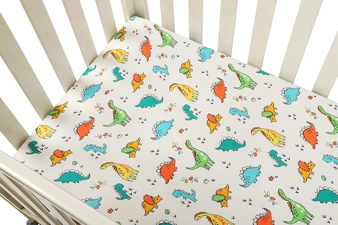 Onacosht Pack n Play Sheets 2 Pack for Baby Boy, Stretchy Jersey Knitted Portable Mini Crib Sheets Playard Mattress Cover, Dinosaur Printing