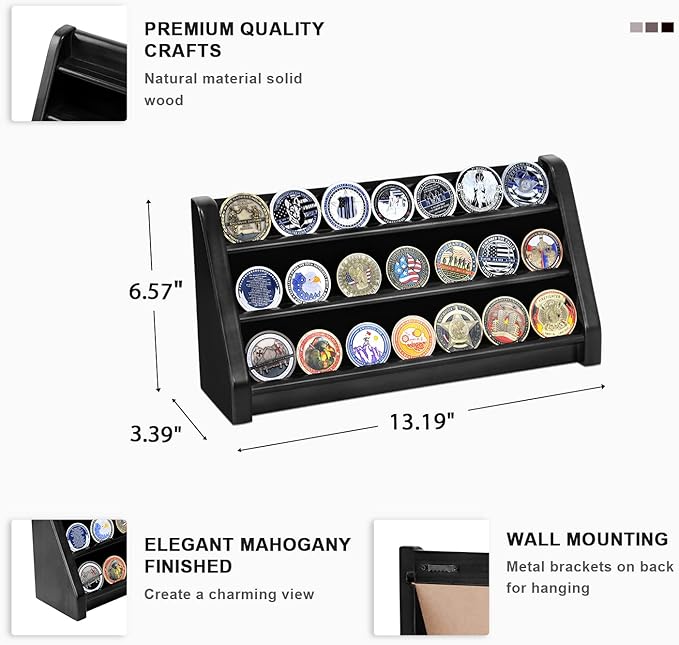 3 Rows Military Challenge Coin Display Case Wall Mount Wooden Army Coin Holder Stand Rack, Holds 21-24 Coins, Black
