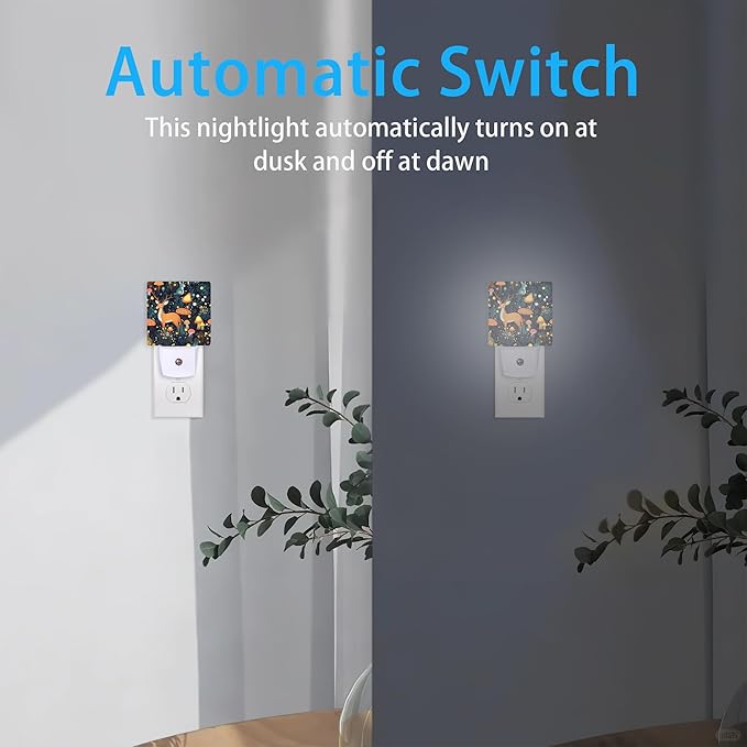Night Lights Plug into Wall Fantasy Forest Mushrooms Deer Night Lights Dusk to Dawn Sensor Led Lamp for Women Men,Led Lights for Stairway/Hallway/Bedroom,0.5W