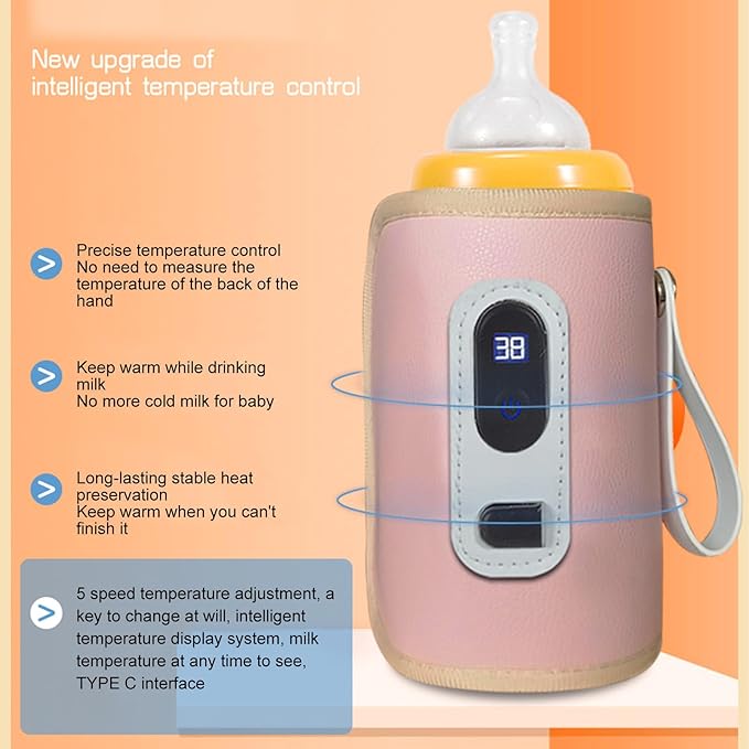 Bottle Breast Milk Warmer, Portable Milk Bottle Warmer 5 Speeds Milk Heat Keeper Fast Baby Food Heater for Outdoor Car Travel (Pink)