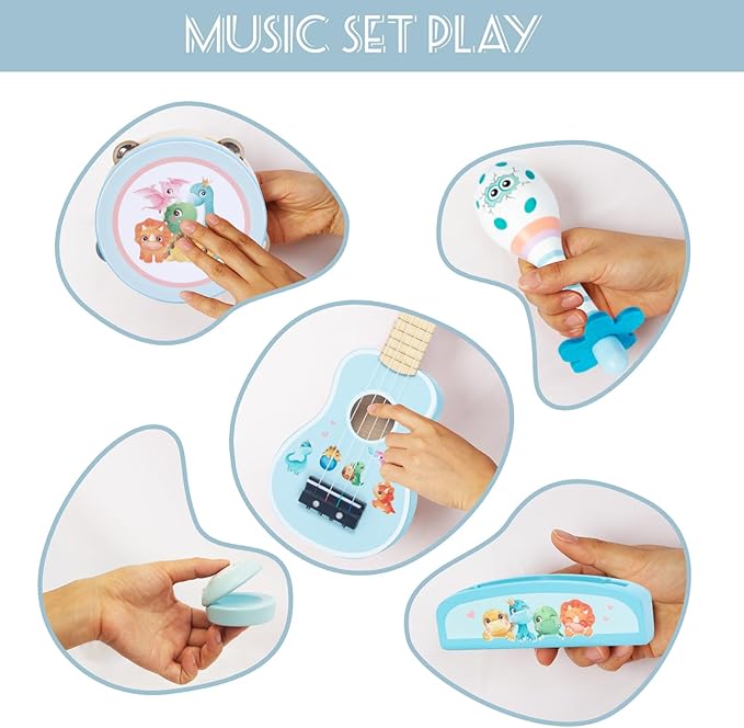 Kids Guitar for Girls, Wooden Musical Instruments Toys with Ukulele, Tambourine, Maracas, Harmonica, Mini Band Sets for Toddlers 2 3 Years Old Birthday Gift (Blue for Boys)