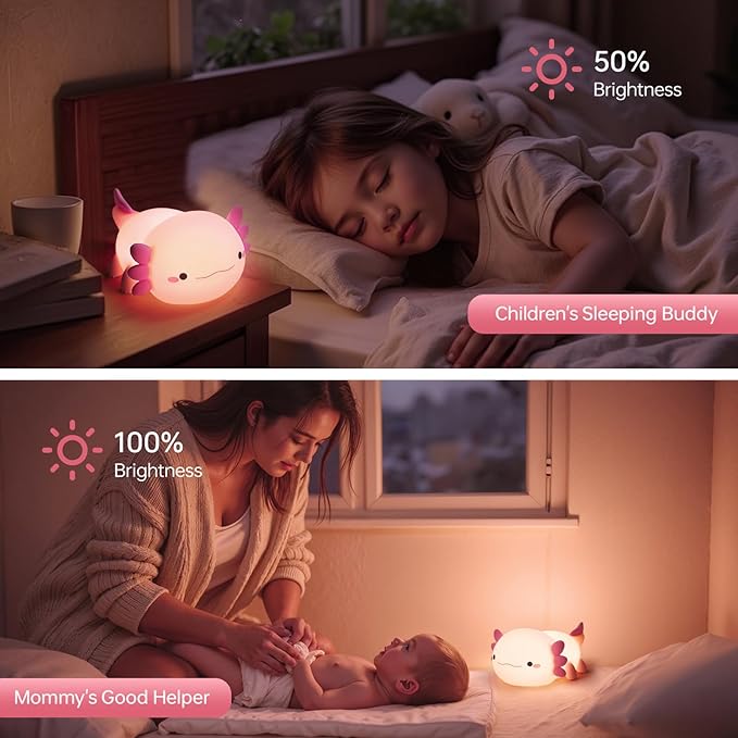 Axolotl Night Light for Kids, Cute Axolotl Lamp Silicone Baby Nursery Night Lamp, Dimmable Squishy Touch Bedside Lamps, Adorable Rechargeable Animal Lamps Gifts Kawaii Room Decor for Kids Girls Boys