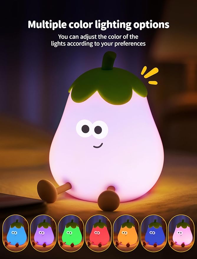 Eggplant Night Light for Kids, Nursery Night Lights, Bedside Touch Lamp, Cute Silicone Nightlight for Baby Toddler, 3 Level Dimmable Soft Night Lamps Gift for Bedroom Kids Room Decor