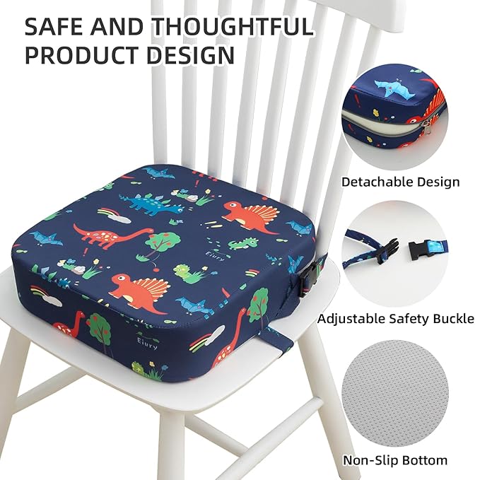 Toddler Booster Seat for Dining Table, Portable Kids Booster Seat with Safety Buckles Portable Increasing Booster Cushion with Non-Slip Bottom (Blue Dinosaur)