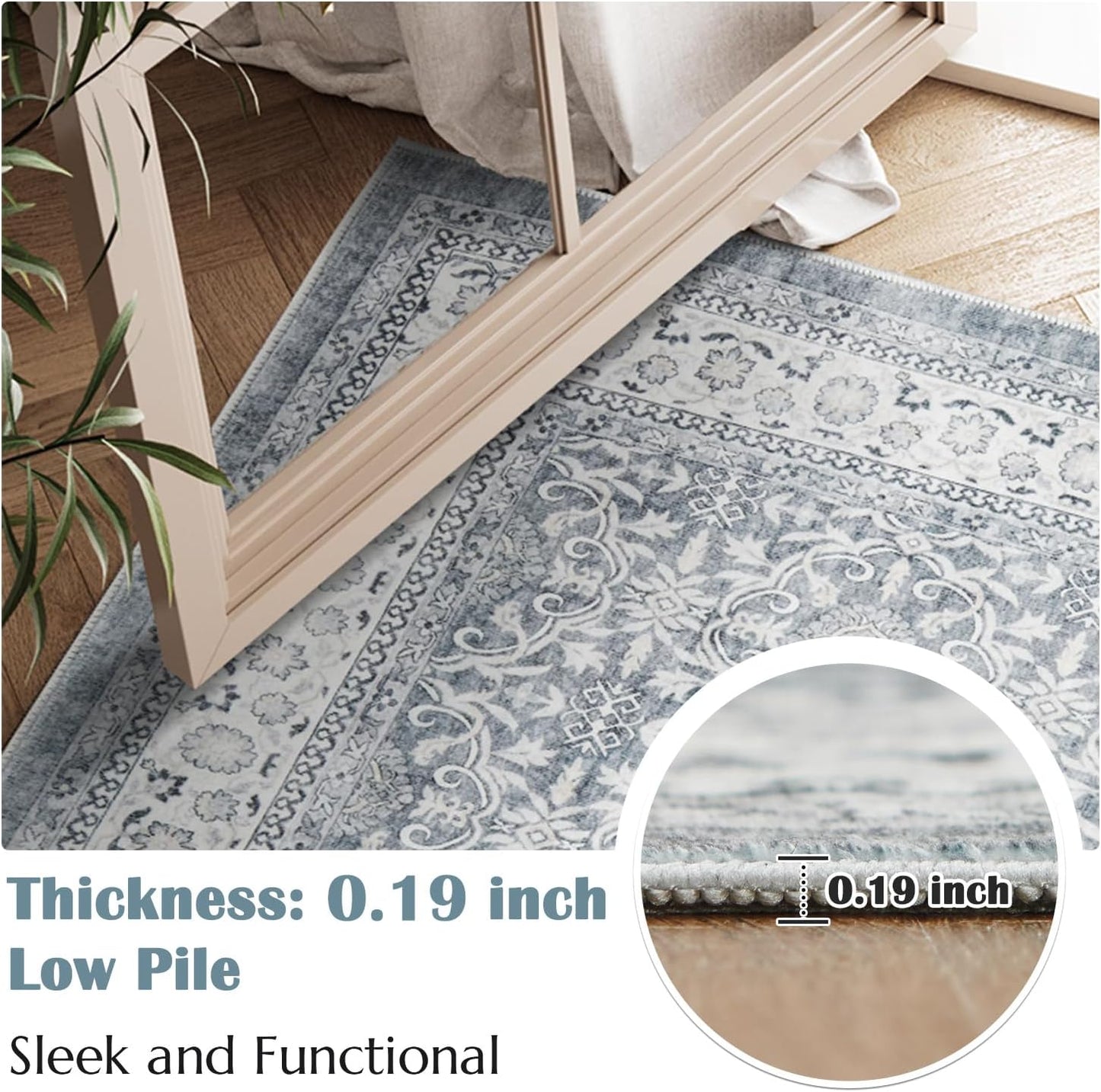 jinchan Hallway Runner Rug 3x10 - Machine Washable Grey Vintage Floral Distressed Design Soft Non-Slip Low-Pile Ultra-Thin Runner Rug for Kitchen Laundry Room Bedroom Farmhouse (3‘x10',Grey)