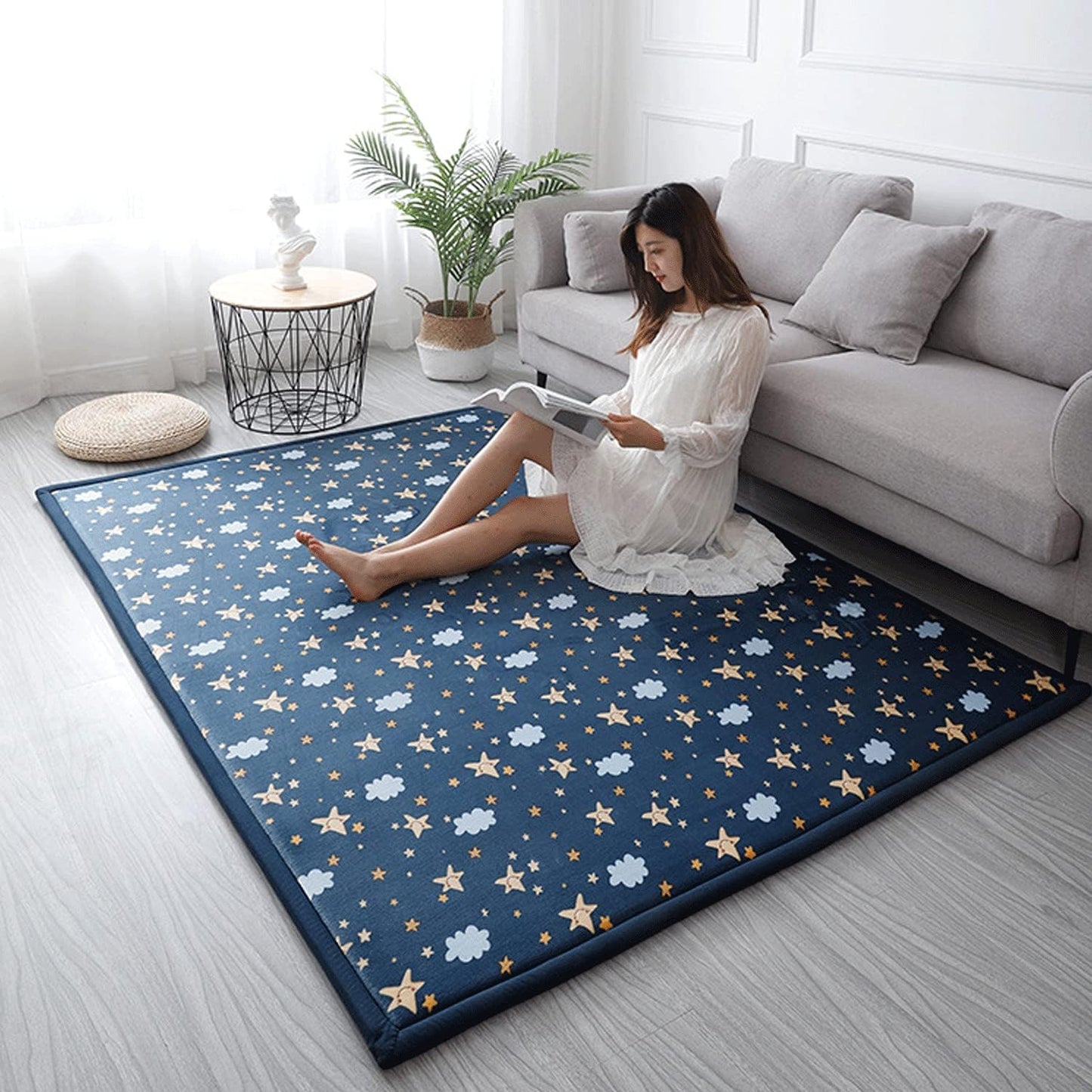 Loartee Coral Velvet Area Rug - 1" Thick Memory Foam Baby Play Mat, Washable Toddler Carpet, Home Decor for Living Room, Nursery, Kids Bedroom, Starry Blue, 4'11"x4'11"