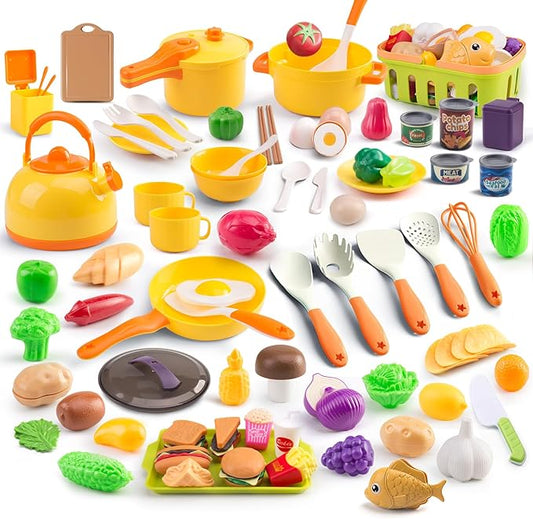 118Pcs Mini Play Kitchen Accessories for Kids, Pretend Cooking Playset with Cookware, Tableware & 2 Fruit Sets, Learning Gift for Girls, Boys, Toddlers, Yellow