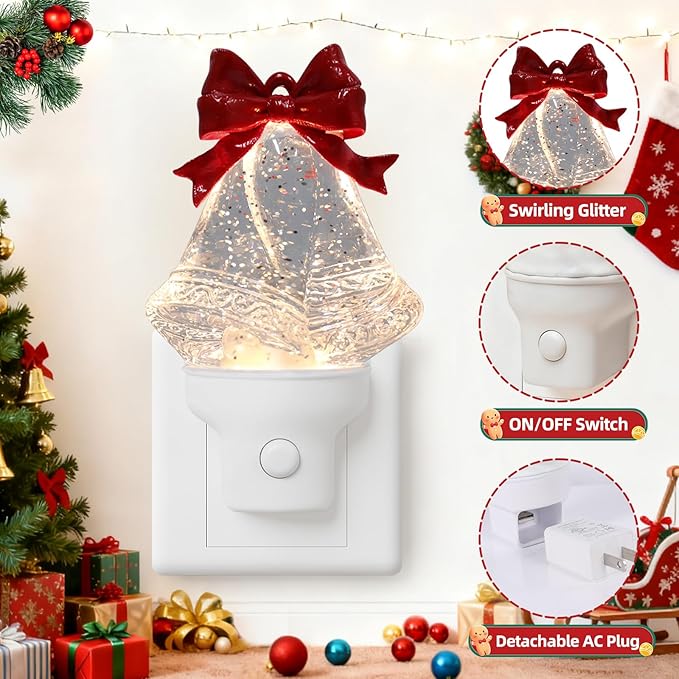Christmas Night Light Plug into Wall Swirling Glitter USB Portable Christmas Decorative Night Light Decoration for Kids Adults Bedroom Kitchen Living Room Holiday Decor (Bells)