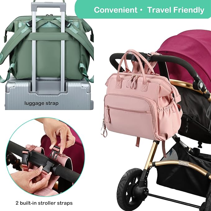 Convertible Diaper Bag Tote, Wide Open Top 14 Pockets Stylish Baby Diaper Bag with Stroller Buckle, Water-resistant (Green, Large)