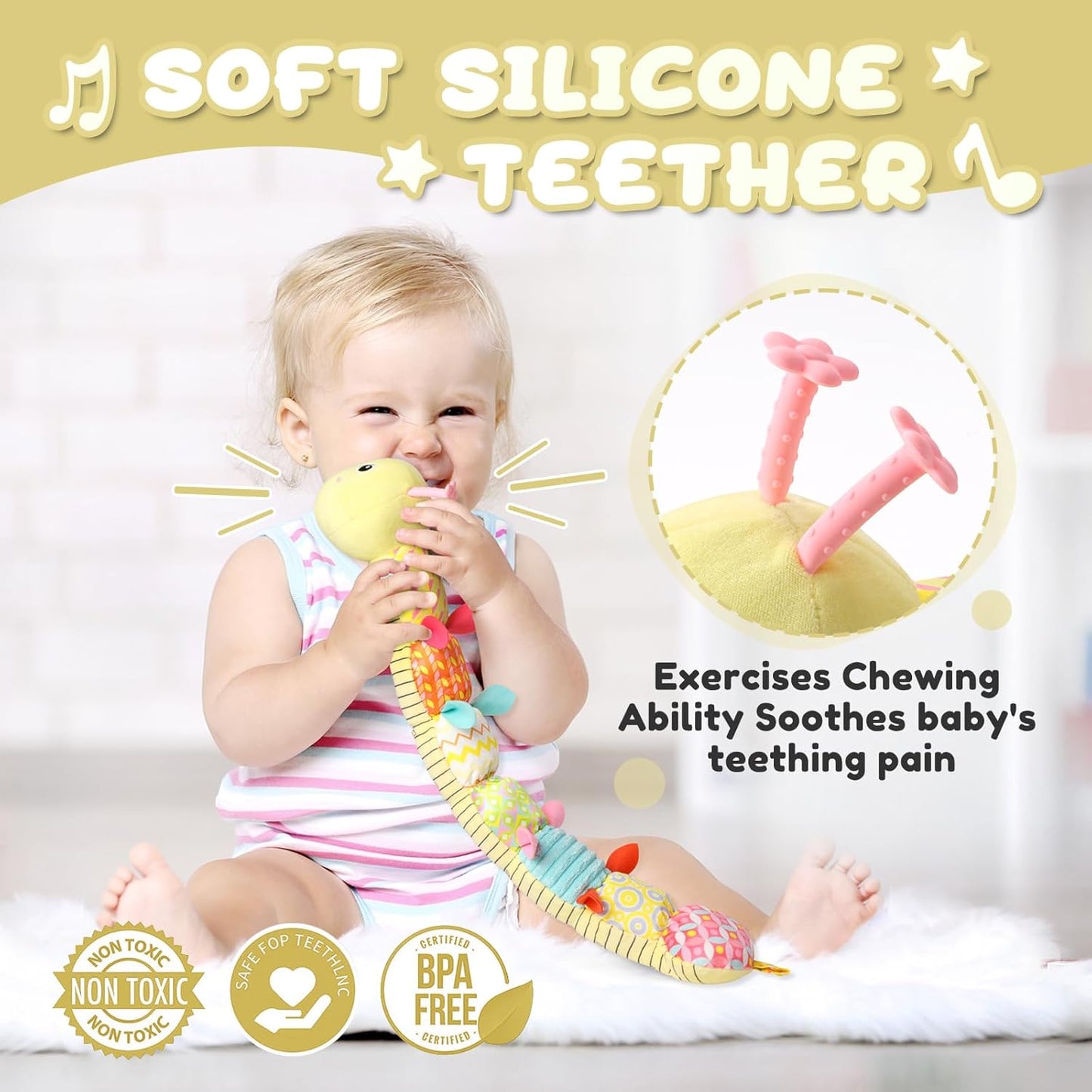 Baby Toys 0 to 12 Months, Musical Stuffed Animal Activity Soft Toys with Multi-Sensory Crinkle, Rattle and Textures, Infant Tummy Time Toys for Newborn Boys Girls, Caterpillar, Yellow