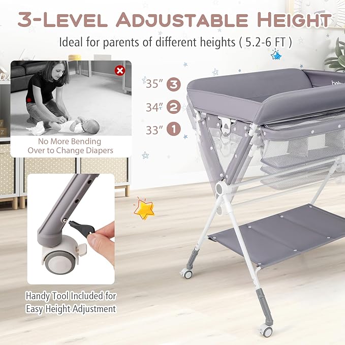BABY JOY Portable Baby Changing Table, Foldable Diaper Changing Station with Wheels, Adjustable Height, Large Storage Rack, Trash Can, Mobile Nursery Organizer for Newborn Infant (Gray)