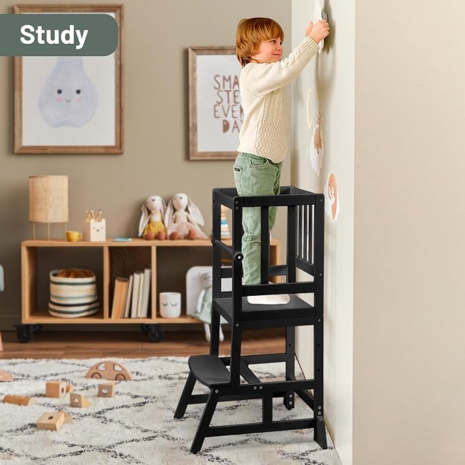 COSYLAND Toddler Standing Tower - Adjustable Height Toddler Kitchen Stool Helper - Kids Kitchen Step Stool for Learning with Removable Safety Railing Black