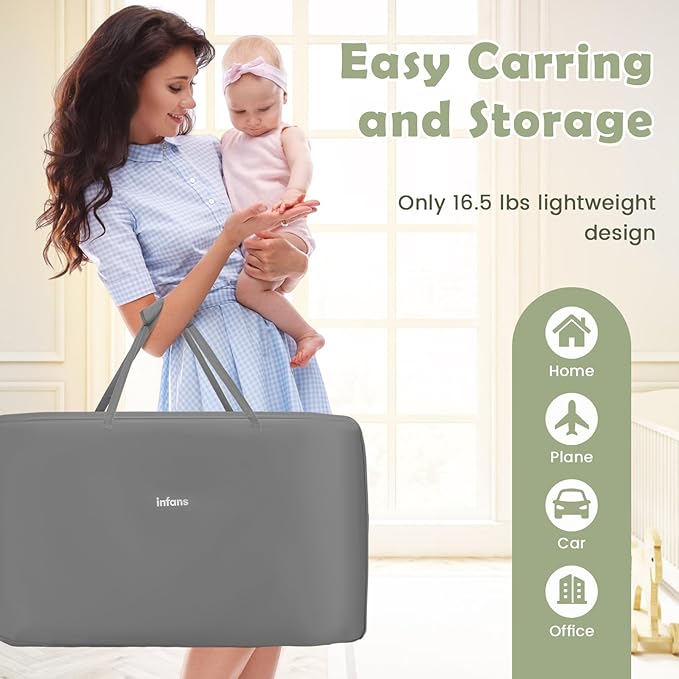 INFANS Baby Bassinet Bedside Crib, Newborn Sleeper w/Large Storage Basket, Adjustable Heights, Detachable &Washable Mattress, Breathable Mesh, Straps, Easy Moving Bed Side (Misty Grey)