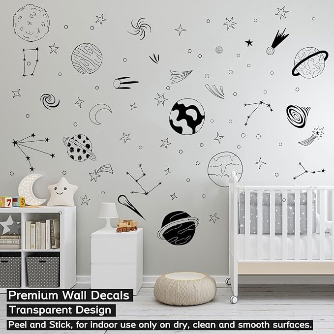 Space Themed Nursery Wall Decals Kids Room Wall Art, Outer Space Nursery Decals, Star Decals, Kids Room Decor, Nursery Decor, Planets Wall Stickers for Boys Bedroom Playroom Wall Decor