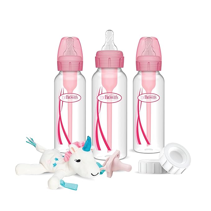 Dr. Brown's Natural Flow Anti-Colic Options+Narrow 8oz/250mL Baby Bottle + Lovey Gift Set with Level 1 Slow Flow Nipples, Pink