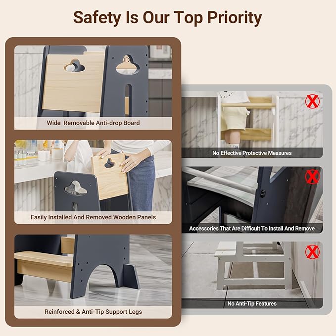 COSYLAND Toddler Standing Tower Adjustable Height - Super Stable Kids Kitchen Stool Helper - 3 Levels Adjustable Wooden Toddler Kitchen Stool (Natural & Light Gray)