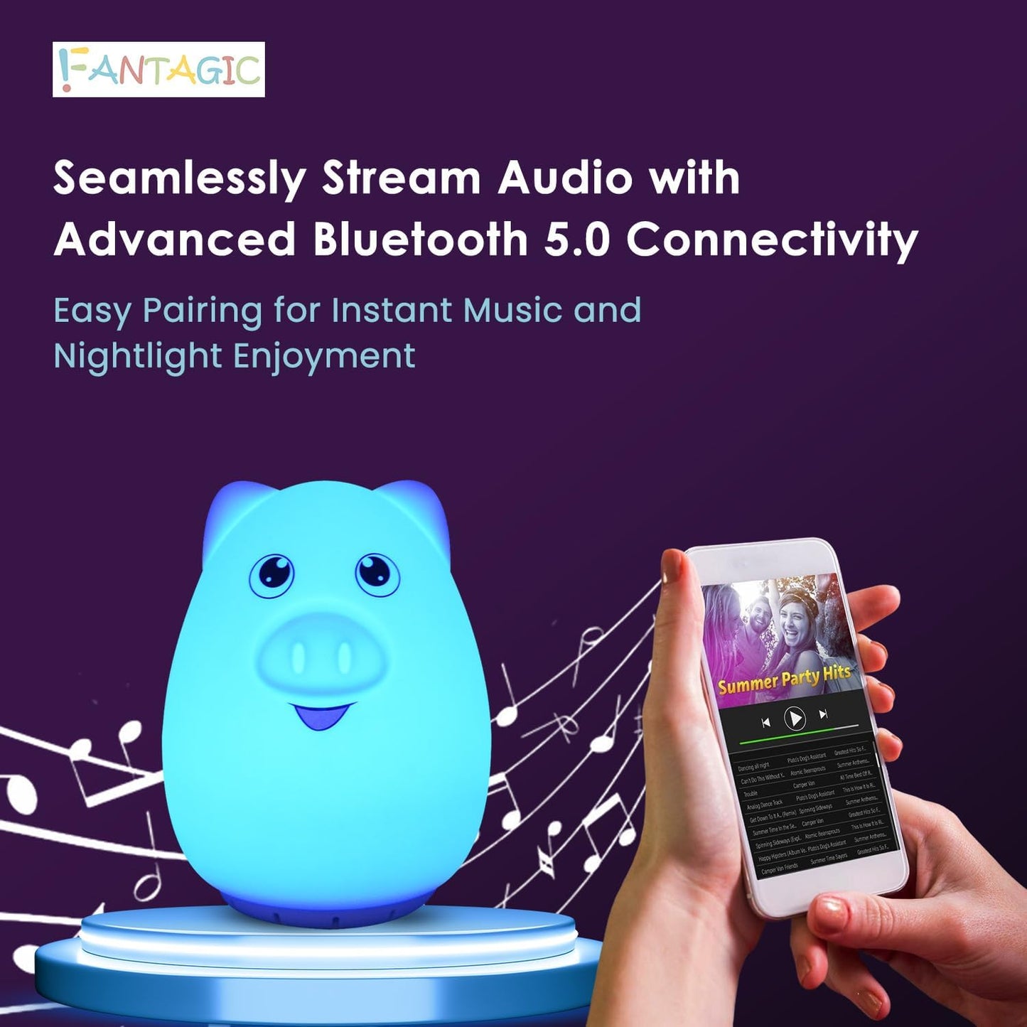 Combined Bluetooth Speaker & Nightlight With 9 Color Emissions, Child Friendly Silicone & BPA Free, USB Recharging, Receives Audio From Computer, Phone Or Tablet, and includes Remote Control (Pig)