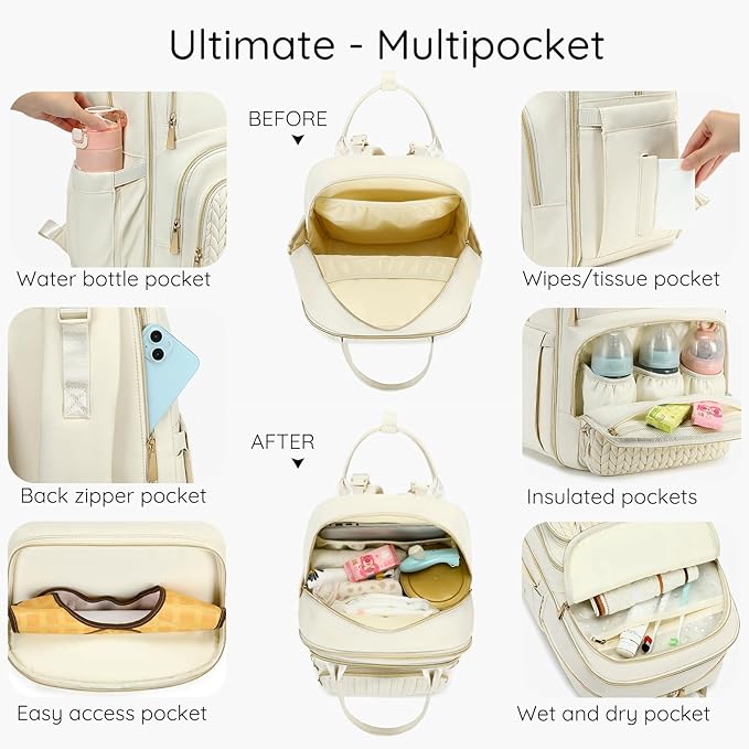 Diaper Bag Backpack - Large Multi functional, Boys, Girls & Baby Travel Essentials Tote with Changing Pad, Insulated Pockets, Stroller Straps, Waterproof - Baby Backpack for Mom & Maternity (Beige)