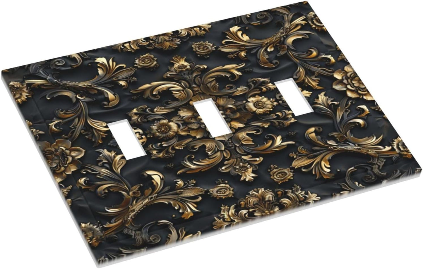 Decorative Switch Covers Plate Rococo Vintage Black Golden Leaf Morris Vine 3 Gang Artistic Wall Plate Unique Triple Toggle Light Switch Plate Jumbo Faceplate for Bedroom Home Decor